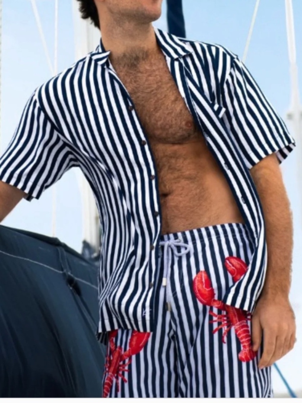 Kenny Flowers The Nauti Lobster Blue & White Striped Swim Trunks, M